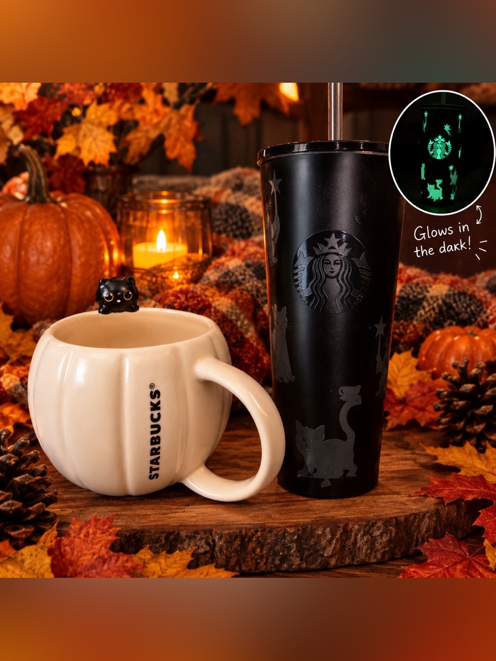 Starbucks Black Glow-in-the-Dark Cat Tumbler & Cream Pumpkin Mug Set